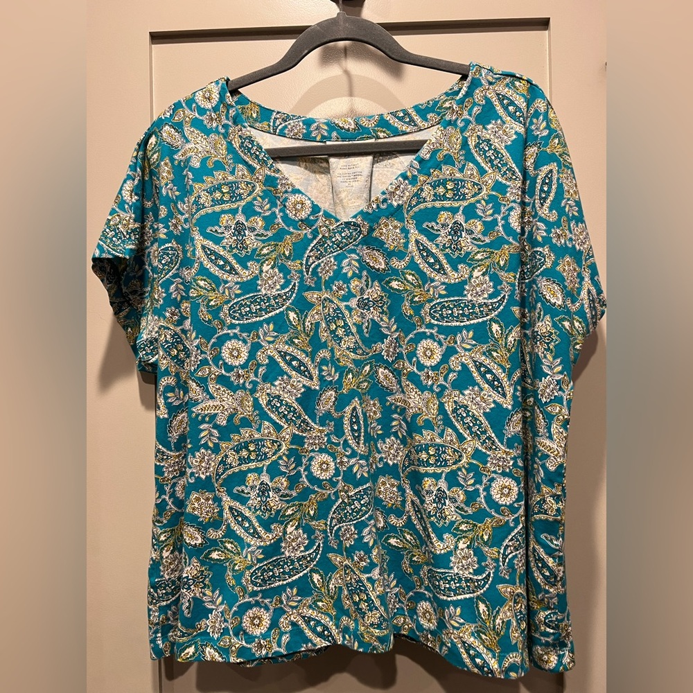J Jill Top Women’s Petite XL Paisley Luxe Supima Short Sleeve Pleat-Back Tee EUC